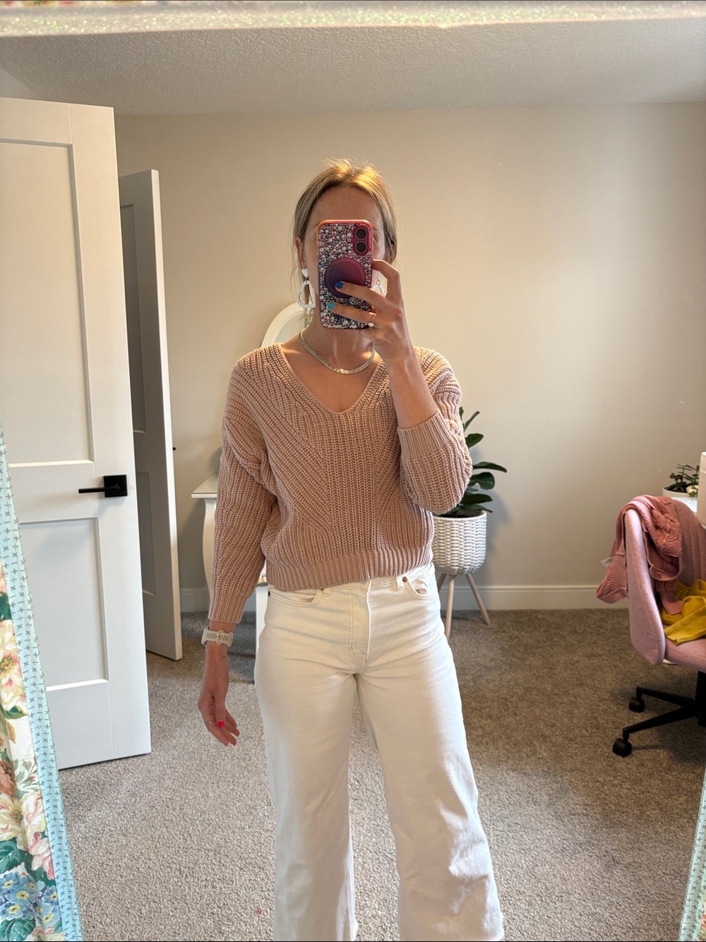 Anthropologie V-Neck Chunky Knit Sweater - Dusty Pink